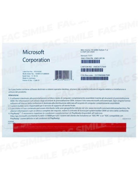 Sistema Operativo Microsoft Windows 10 Professional 64 Bit 1 Pack DSP OEI DVD FQC-08913