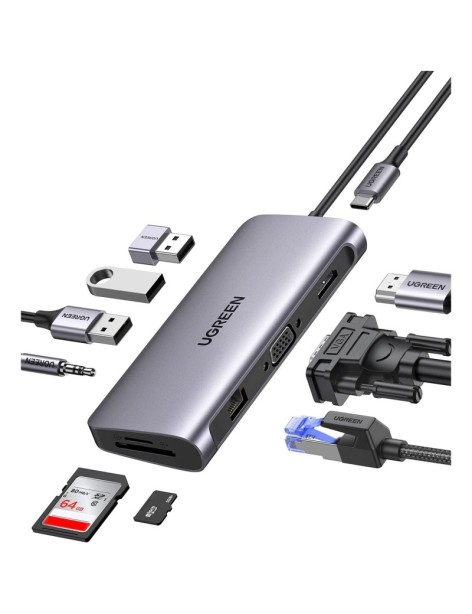 UGREEN HUB USB Type-C, 10 in 1, HDMI, VGA, Ethernet, SD/TF, PD 100W, 3 x USB 32 Gen1, AUX3.5, 80133