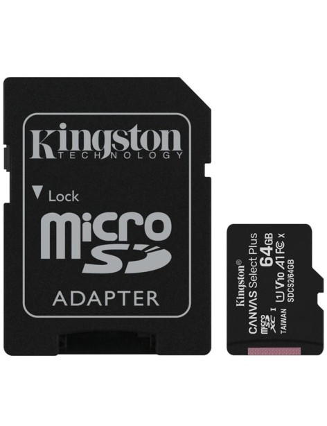 Memoria Micro SD 64GB Kingston Canvas Select Plus Ultra UHS-I Classe 10 Con Adattatore
